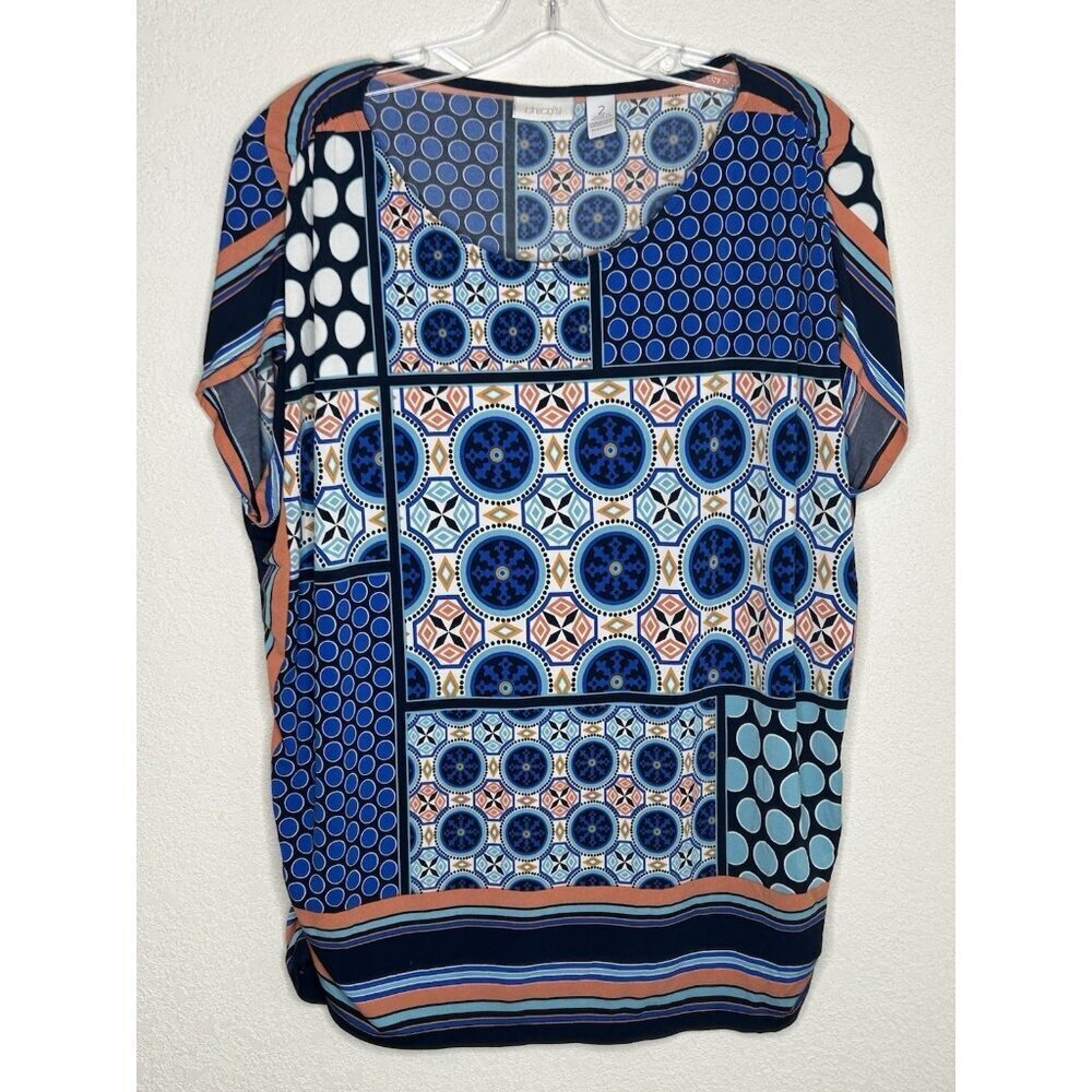 Chicos 2 Top US L/12 Blue Orange Geometric Stretch Dolman Ruched Office Church